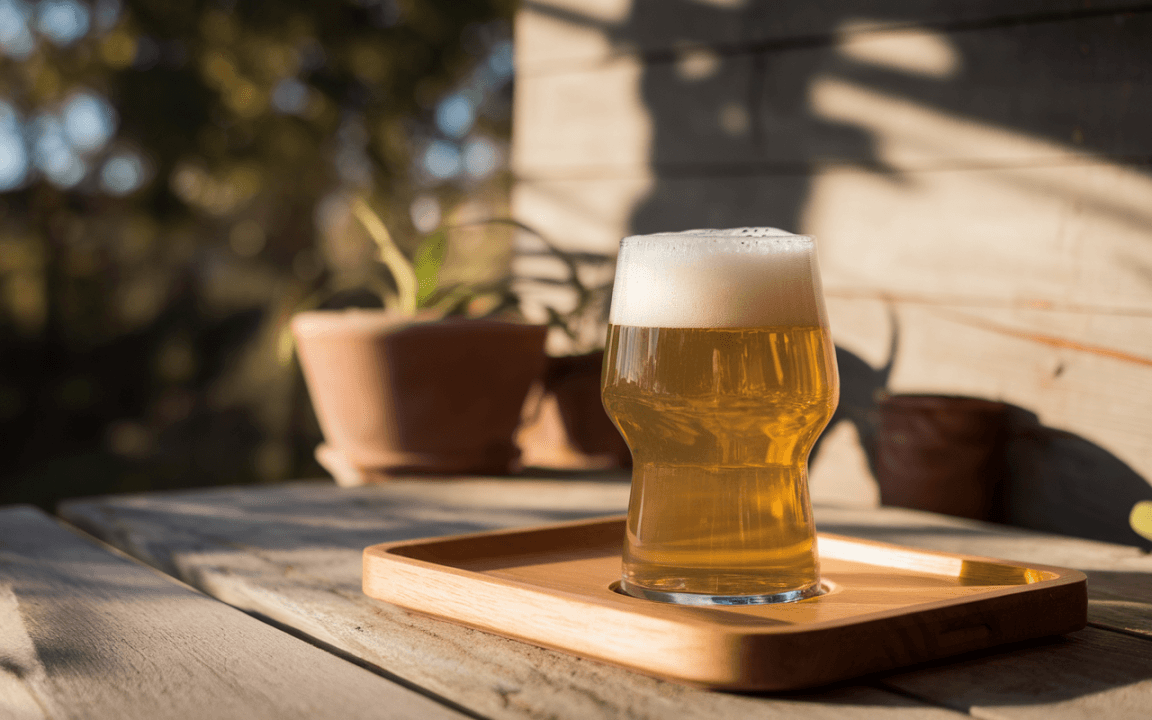 Un verre de bière dorée avec mousse, posé sur un plateau en bois, près d'une plante en pot, sur une table en bois.