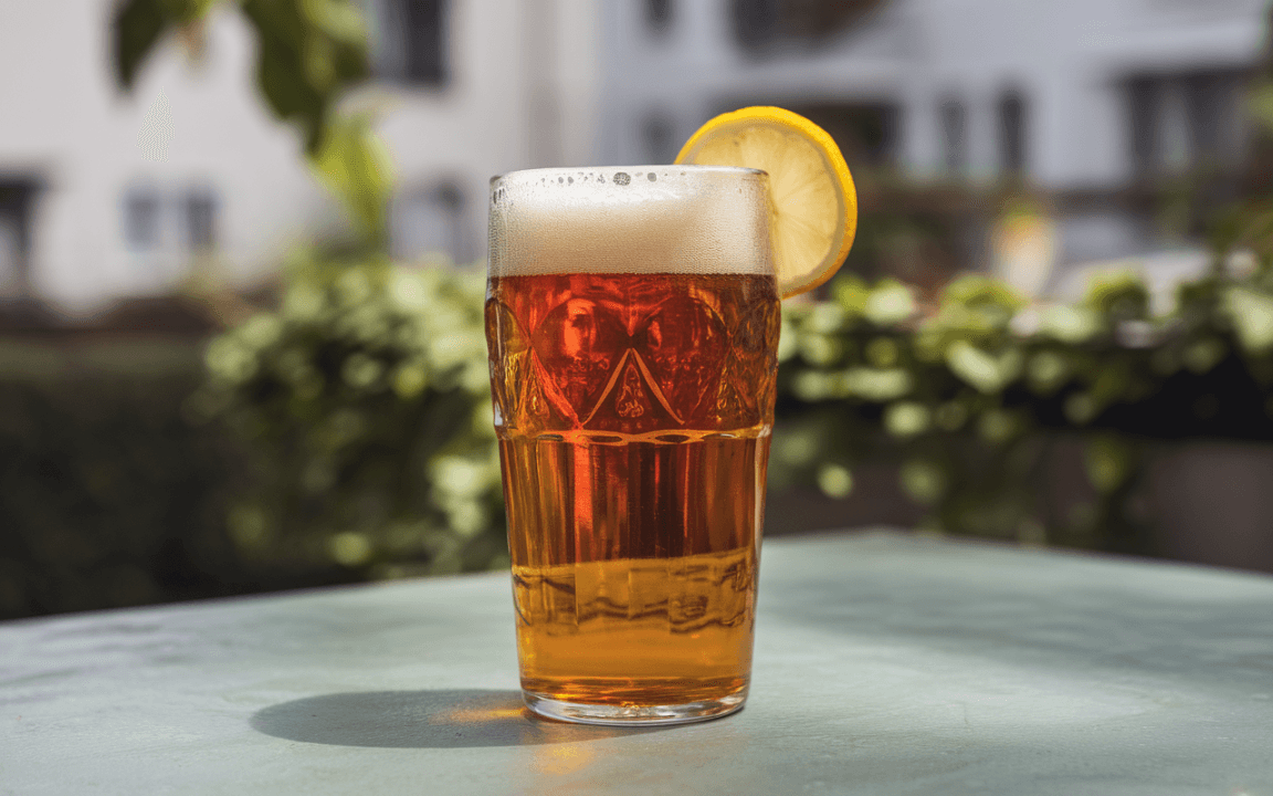 Verre de bière ambrée avec une tranche de citron, sur une table, avec un fond de verdure.