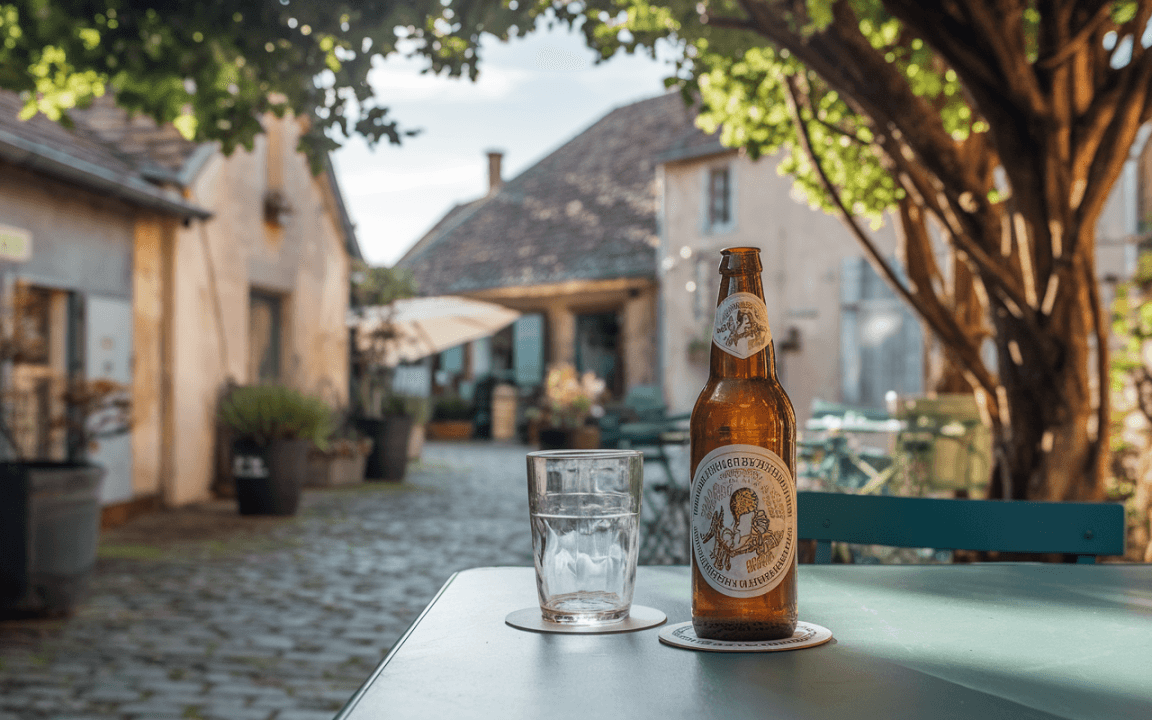 Bouteille de bière en verre sur une table, avec un verre d'eau, dans une ruelle bordée de maisons anciennes.