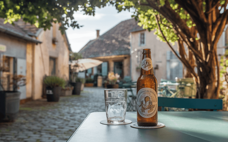 Bouteille de bière en verre sur une table, avec un verre d'eau, dans une ruelle bordée de maisons anciennes.