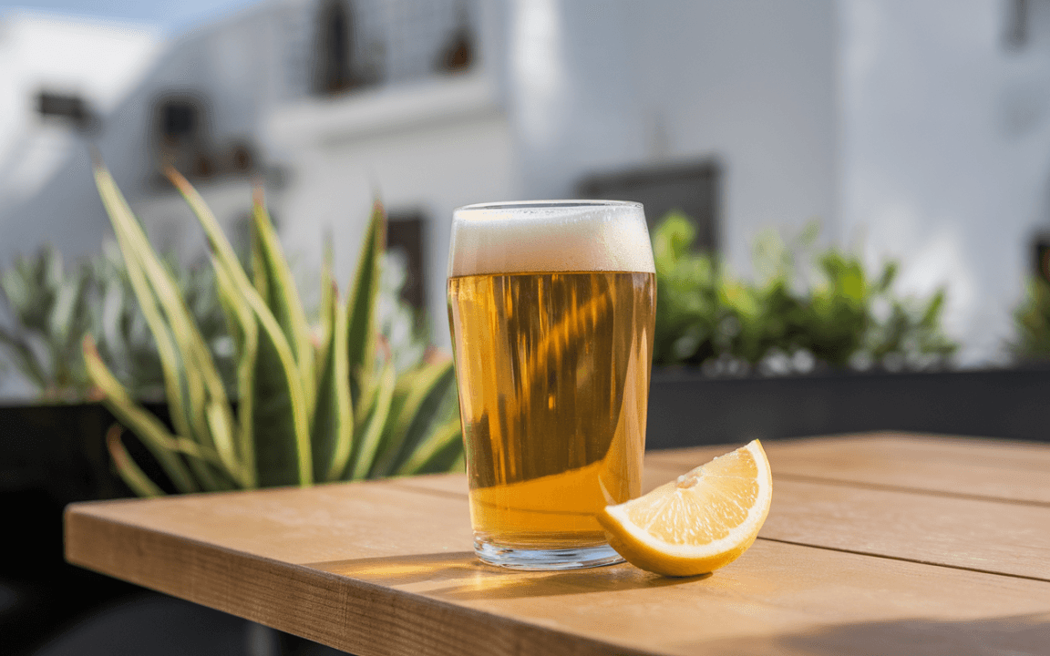 Un verre de bière avec mousse, accompagné d'une tranche de citron, posé sur une table en bois, devant des plantes vertes.