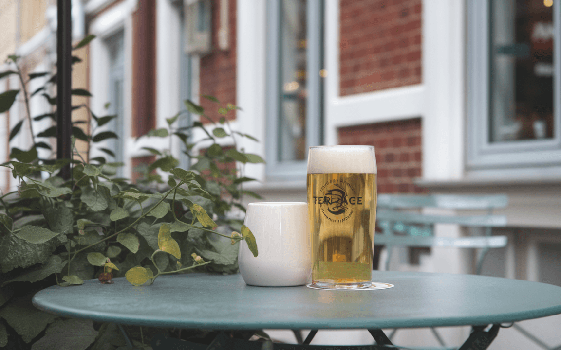 Un verre de bière à la mousse crémeuse et une tasse blanche sur une table verte, entourés de feuilles vertes.