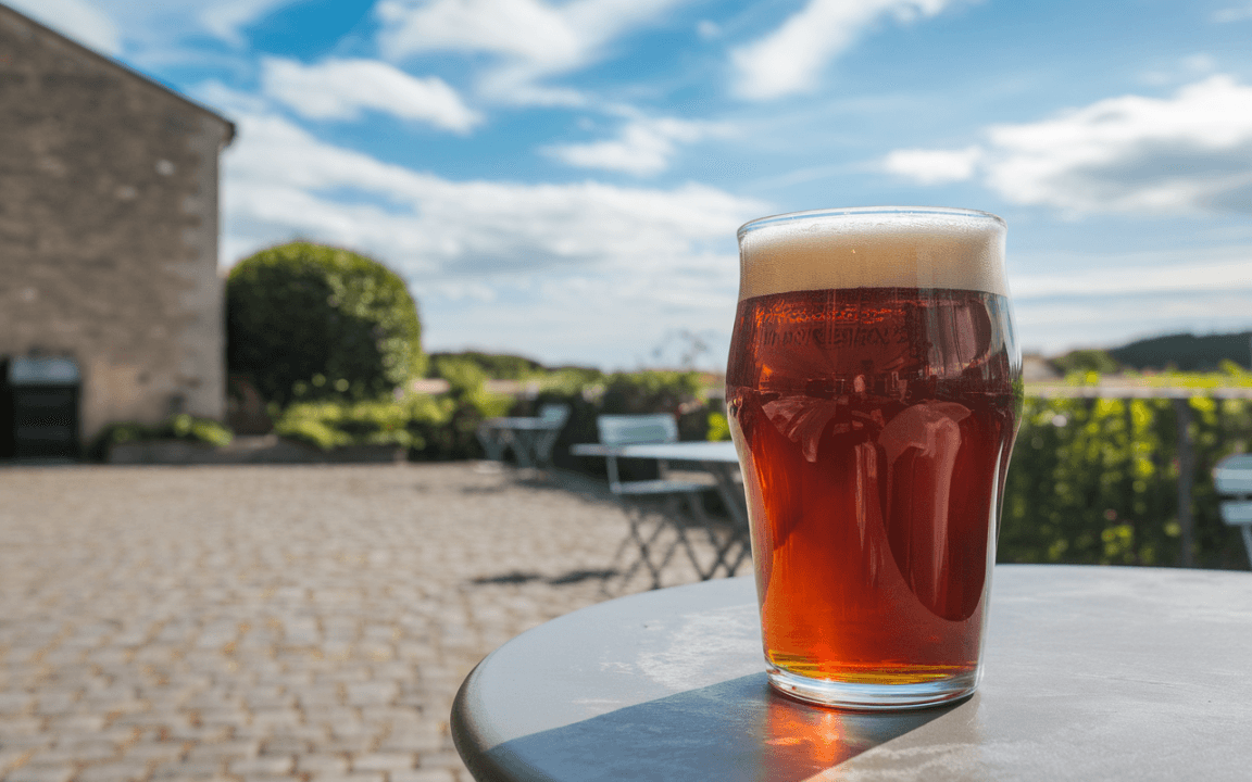 Un verre de bière ambrée sur une table, avec un arrière-plan de ciel bleu et de verdure, dans un cadre extérieur.