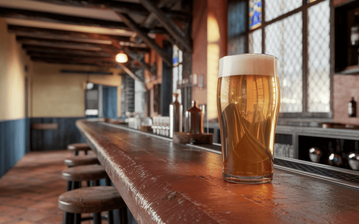 Un verre de bière blonde mousseuse sur un bar en bois, avec un intérieur chaleureux et des fenêtres colorées en arrière-plan.