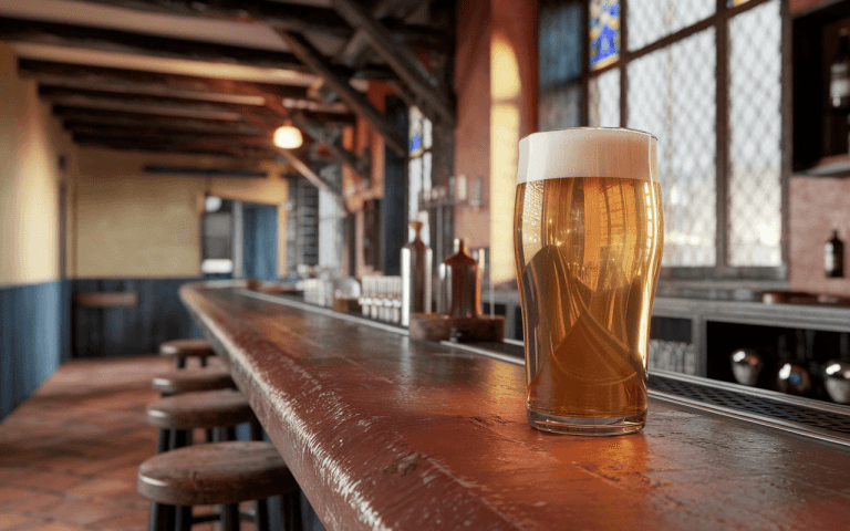 Un verre de bière blonde mousseuse sur un bar en bois, avec un intérieur chaleureux et des fenêtres colorées en arrière-plan.