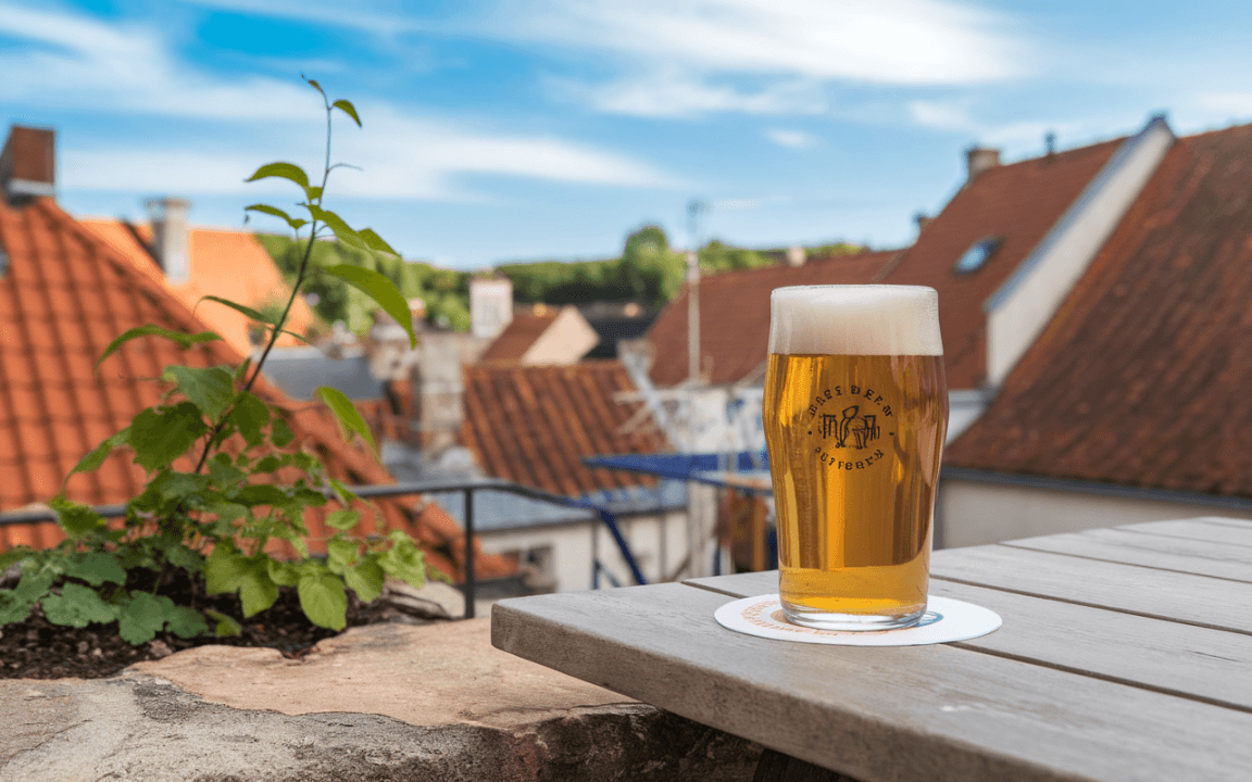 Un verre de bière dorée sur une table, avec en arrière-plan des toits de maisons et un ciel partiellement nuageux.