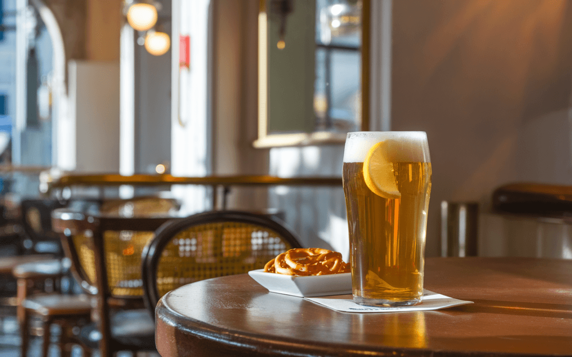 Un verre de bière avec une tranche de citron, accompagné d'un plateau de bretzel, sur une table en bois dans un café lumineux.