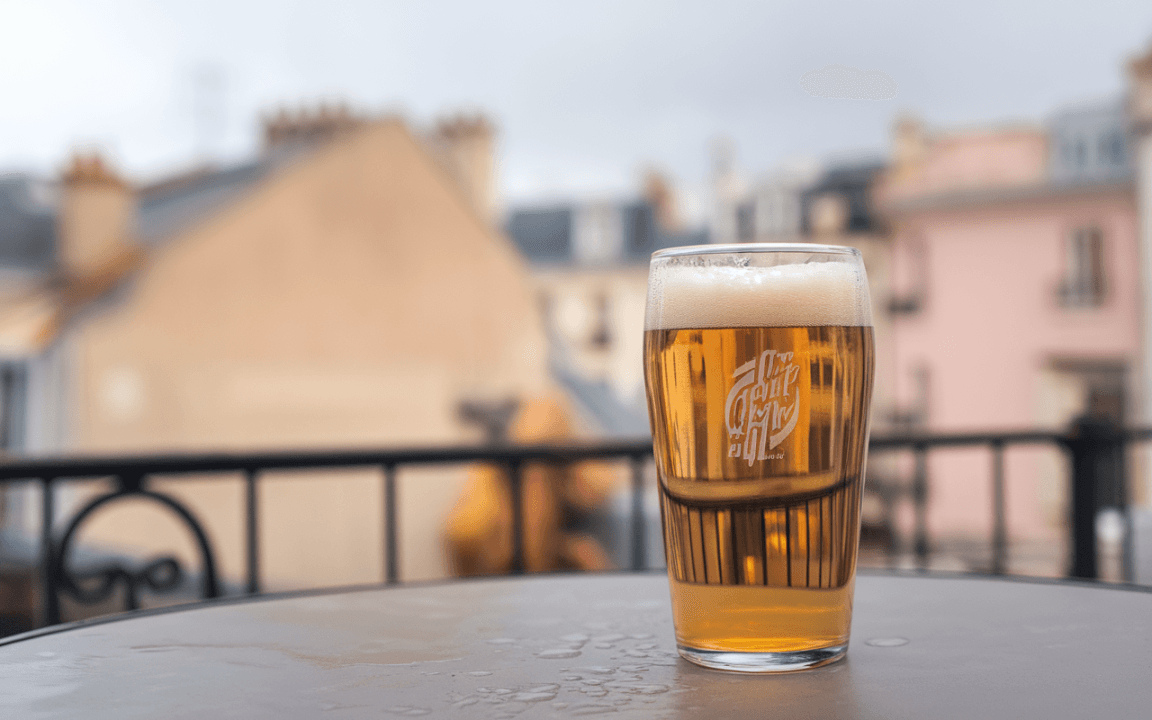 Un verre de bière mousseuse posé sur une table, avec des bâtiments flous en arrière-plan sous un ciel nuageux.