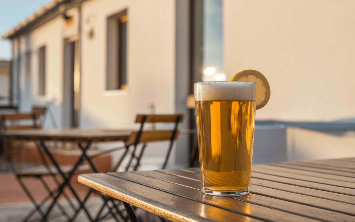 Un verre de bière dorée avec une rondelle de citron, posé sur une table en bois, avec un arrière-plan flou de bâtiments.