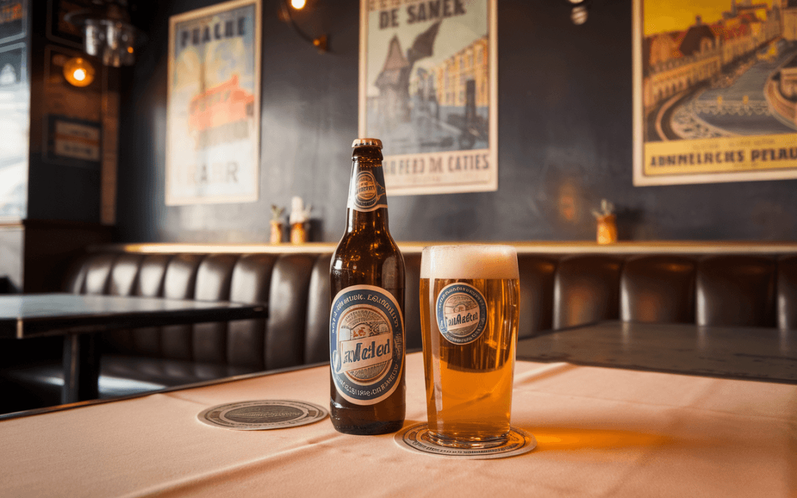 Bouteille de bière et verre rempli sur une table dans un cadre de bar ambiance chaleureuse avec posters vintage en arrière-plan.