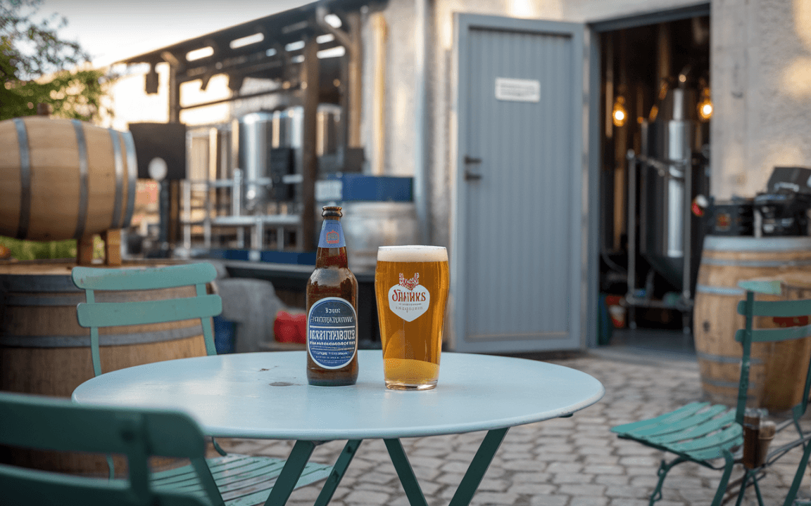 Bière servie dans un verre et une bouteille sur une table, avec un environnement de brasserie artisanale en arrière-plan.