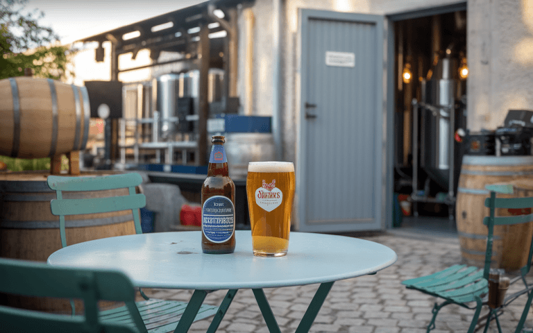 Bière servie dans un verre et une bouteille sur une table, avec un environnement de brasserie artisanale en arrière-plan.