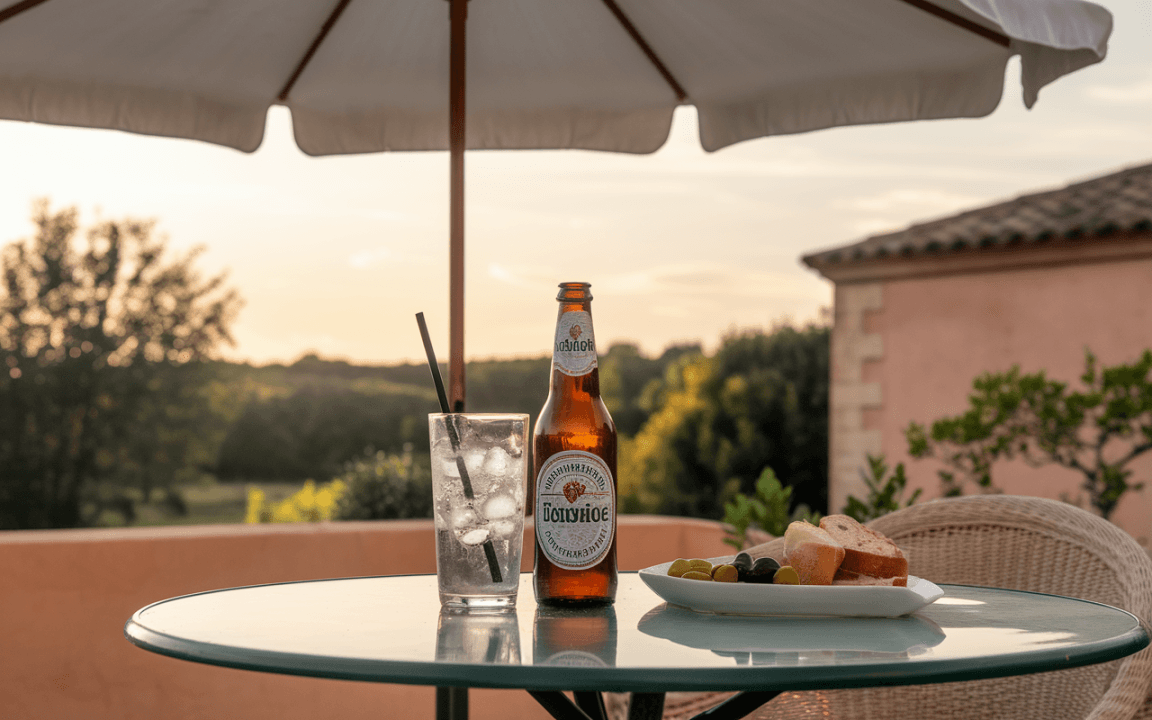 Un verre de cocktail et une bouteille de bière sont posés sur une table au coucher du soleil, avec un plateau de fruits.