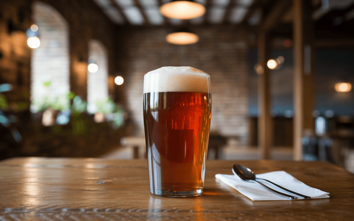 Un verre de bière brune avec une mousse généreuse, posé sur une table en bois, dans un cadre chaleureux et rustique.