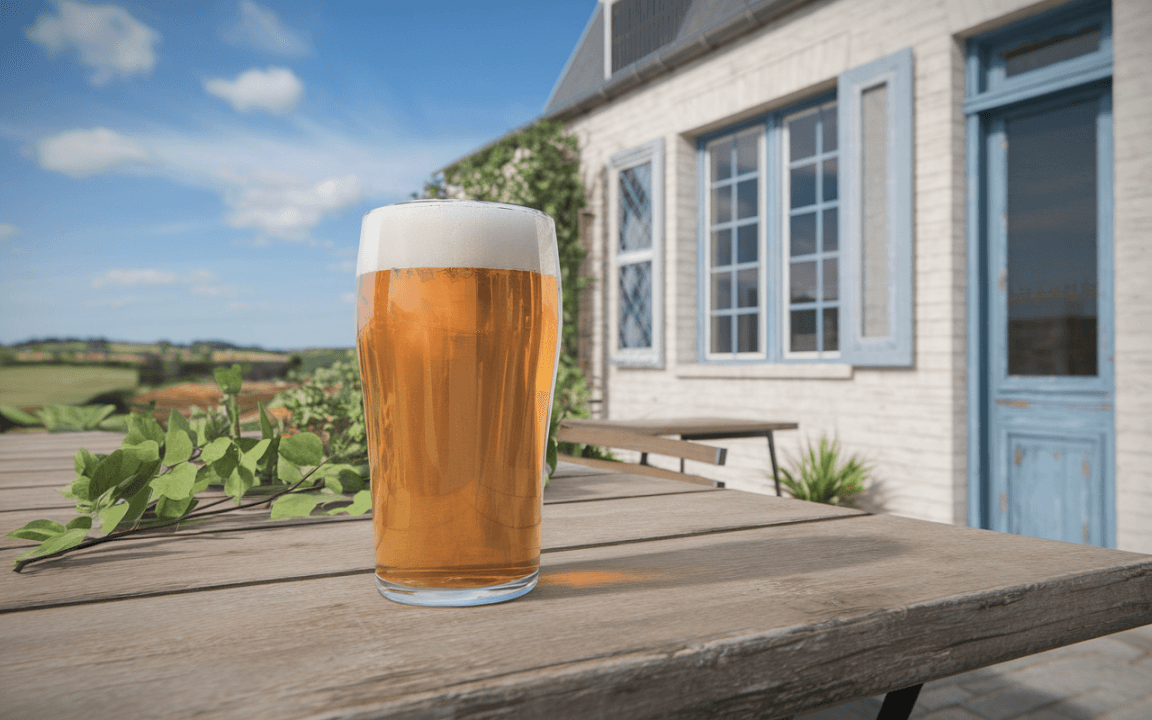 Un verre de bière dorée avec mousse sur une table en bois, devant une maison, sous un ciel bleu.