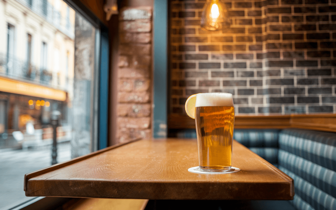 Un verre de bière blonde avec une rondelle de citron posé sur une table en bois, en arrière-plan, une rue animée et un mur en briques.