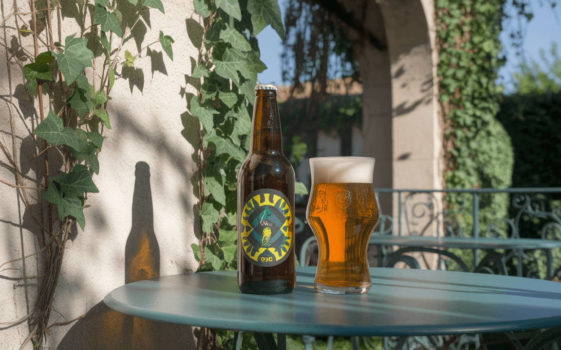Bouteille et verre de bière sur une table, entourés de feuilles de lierre et d'un mur texturé. Éclairage naturel.