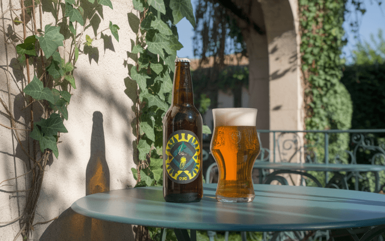 Bouteille et verre de bière sur une table, entourés de feuilles de lierre et d'un mur texturé. Éclairage naturel.