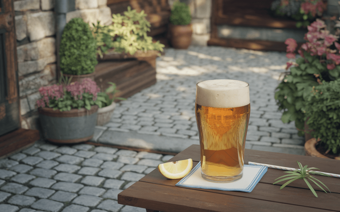 Un verre de bière mousseuse sur une table en bois, accompagné d'une tranche de citron, dans un jardin avec des fleurs.