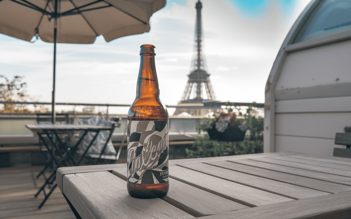 Bouteille de bière sur une table en bois, avec la tour Eiffel en arrière-plan et un ciel clair.