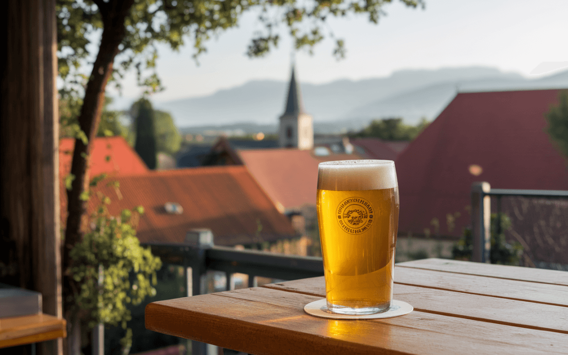 Un verre de bière est posé sur une table en bois, avec des bâtiments et des montagnes floues en arrière-plan.