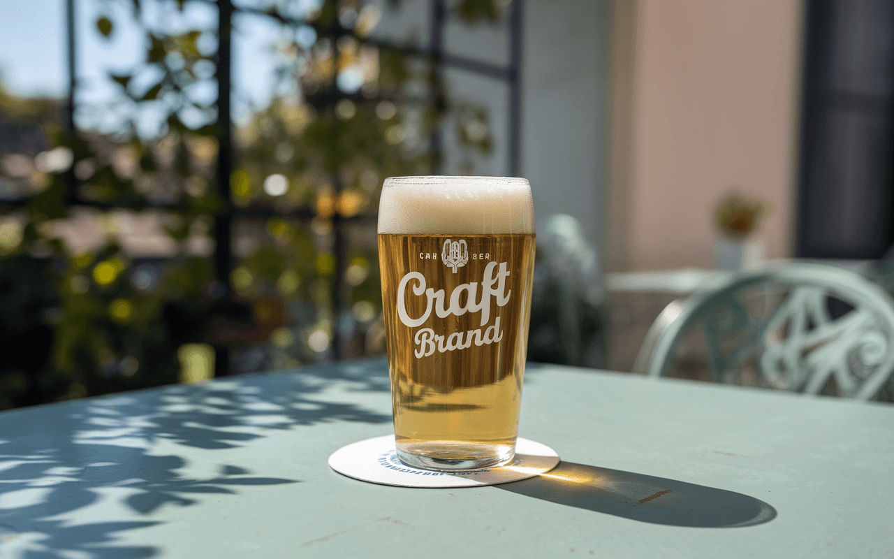 Un verre de bière blonde avec mousse sur une table verte, entouré de verdure et d'un environnement lumineux.