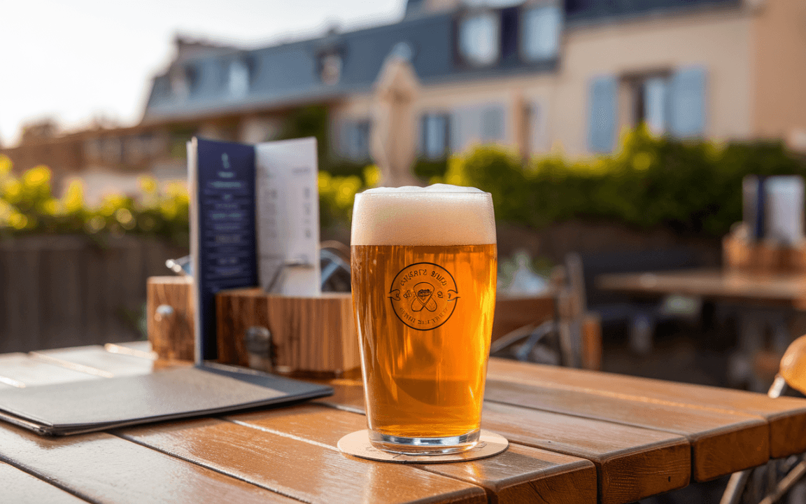 Un verre de bière blonde avec une mousse crémeuse, posé sur une table en bois, avec des menus en arrière-plan.