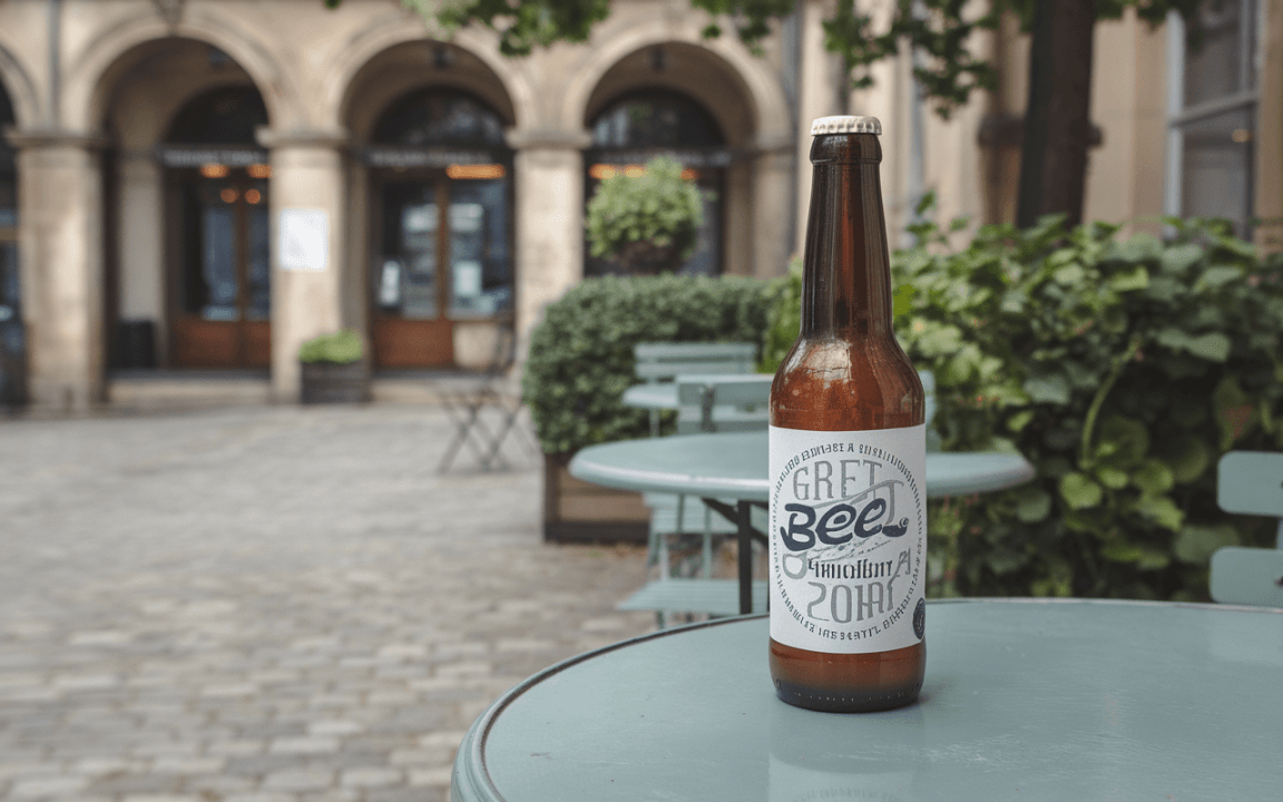 Bouteille de bière croustillante sur une table verte dans une cour, avec des arches et des plantes en arrière-plan.
