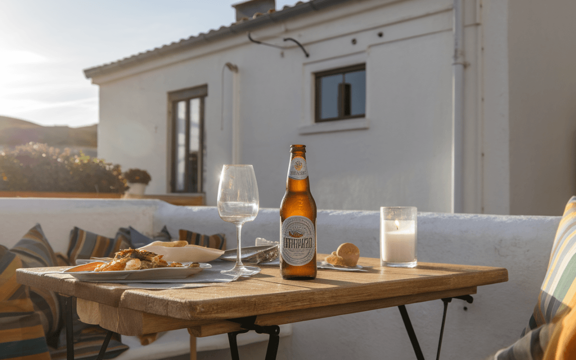 Table en bois avec un plateau de nourriture, une bouteille de bière, un verre, une bougie et des coussins colorés en arrière-plan.