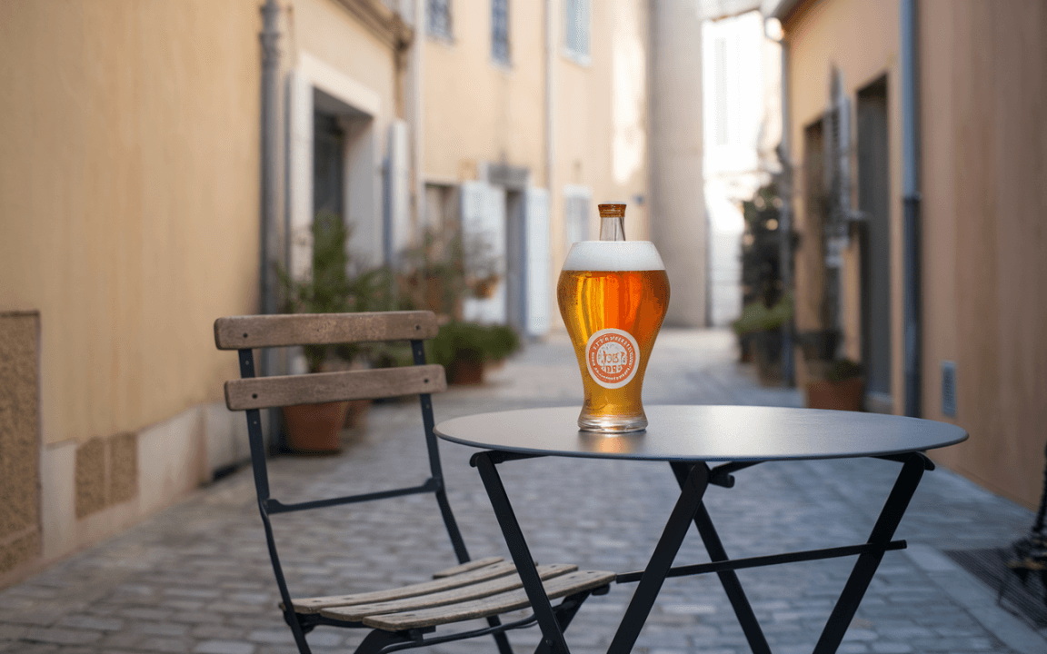 Un verre de bière dorée sur une table ronde, dans une ruelle aux murs ocre, avec des pots de fleurs.