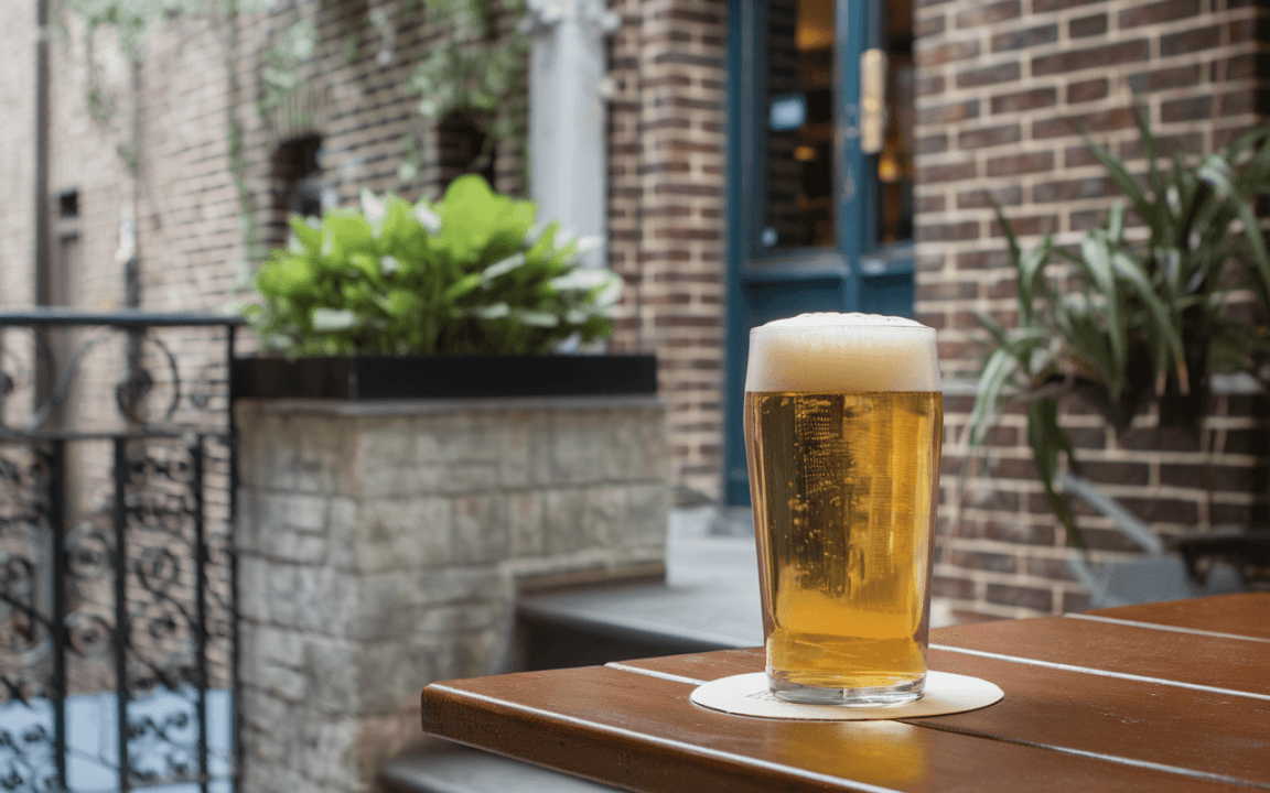 Un verre de bière dorée sur une table en bois, avec un arrière-plan de briques et de plantes vertes.
