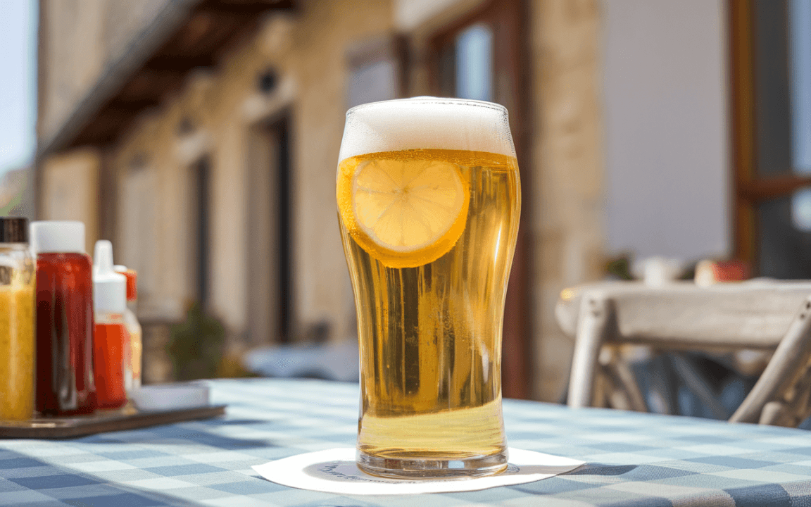 Verre de bière avec une rondelle de citron, posé sur une table à carreaux, avec des condiments en arrière-plan.