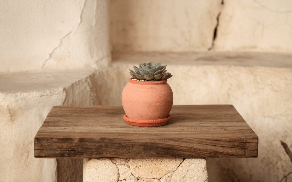 Une plante succulente dans un pot en terre cuite, placée sur une table en bois, avec un fond en pierre claire.