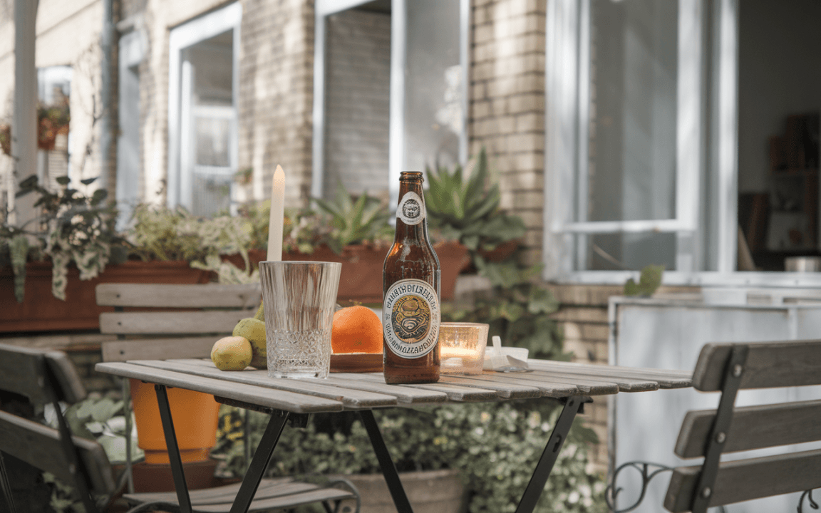 Table en bois avec une bouteille de bière, un verre, un bougeoir, des fruits et des plantes en arrière-plan. Lumière douce.