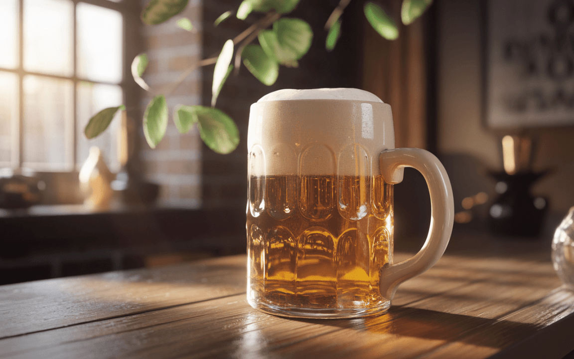 Une chope de bière pleine, avec une mousse abondante, sur une table en bois, près d'une fenêtre ensoleillée.