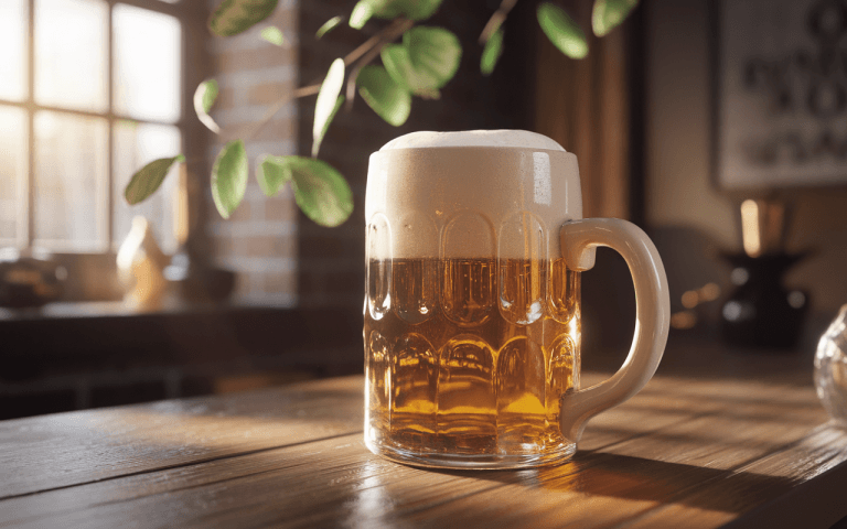 Une chope de bière pleine, avec une mousse abondante, sur une table en bois, près d'une fenêtre ensoleillée.