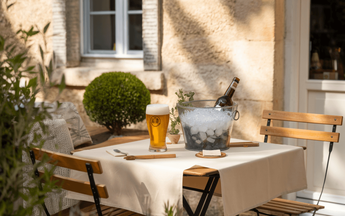 Table de café en extérieur avec une bière, une bouteille dans un seau de glace et des couverts, entourée de verdure.