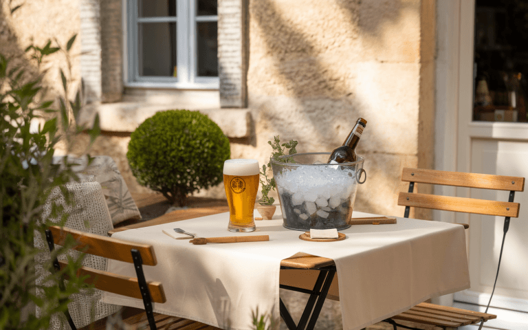 Table de café en extérieur avec une bière, une bouteille dans un seau de glace et des couverts, entourée de verdure.
