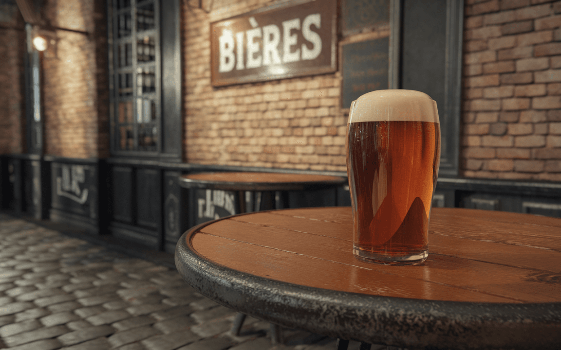 Un verre de bière brune avec mousse sur une table en bois, dans un bar à l'intérieur d'un mur en briques.