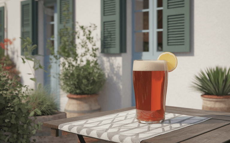 Un verre de bière rousse sur une table avec une serviette, devant un mur blanc et des fenêtres bleues ouvertes.