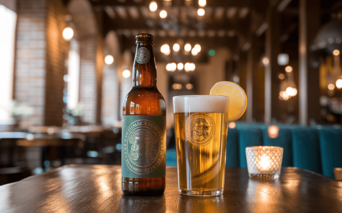 Bouteille de bière et verre avec un quartier de citron, posés sur une table en bois dans un cadre chaleureux.