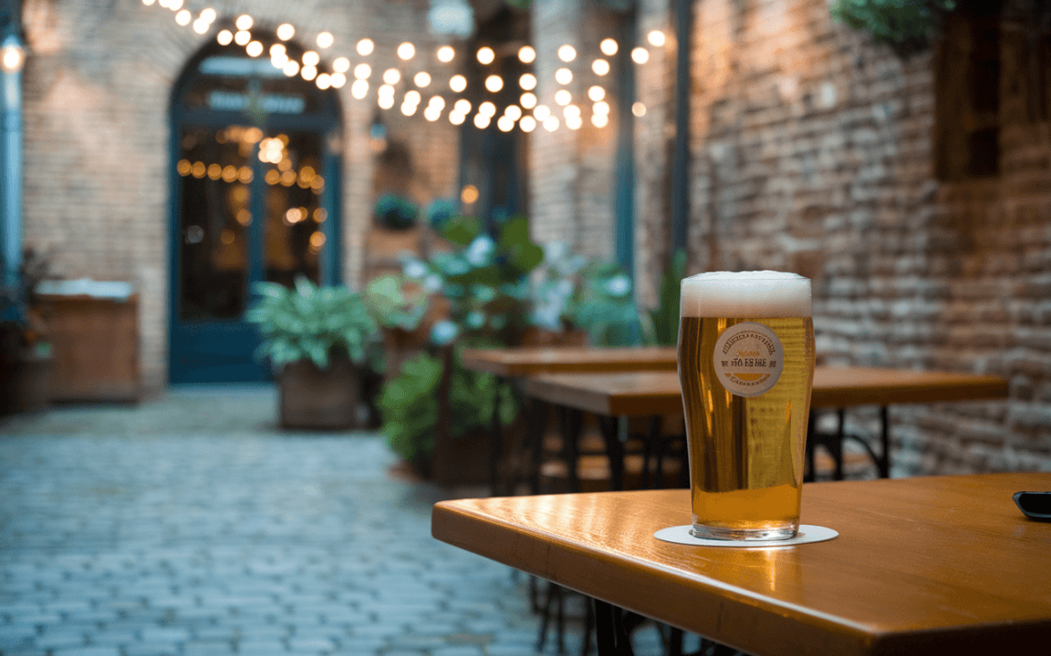 Verre de bière sur une table en bois, avec éclairage chaleureux, plantes autour et mur en briques en arrière-plan.