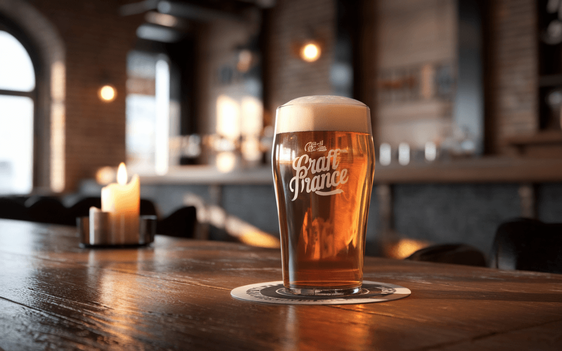 Un verre de bière artisanale posé sur une table en bois, avec une bougie allumée en arrière-plan, dans une ambiance chaleureuse.