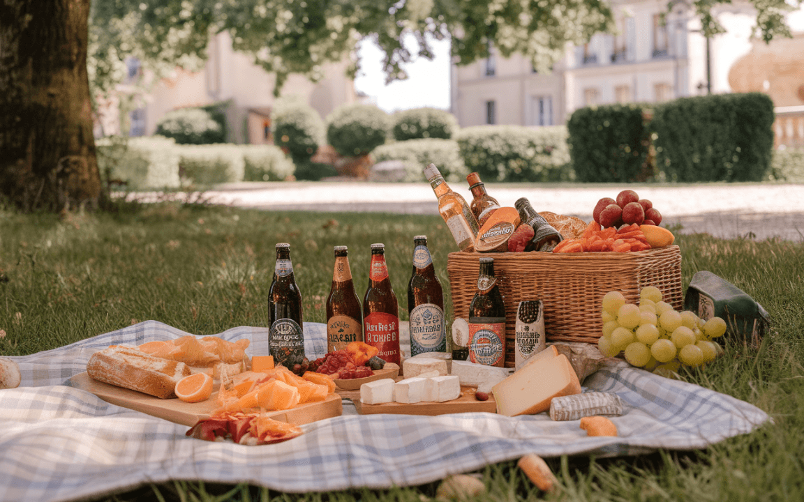 Pique-nique sur l'herbe avec fromages, pains, fruits variés et bouteilles de bière, le tout disposé sur une nappe.