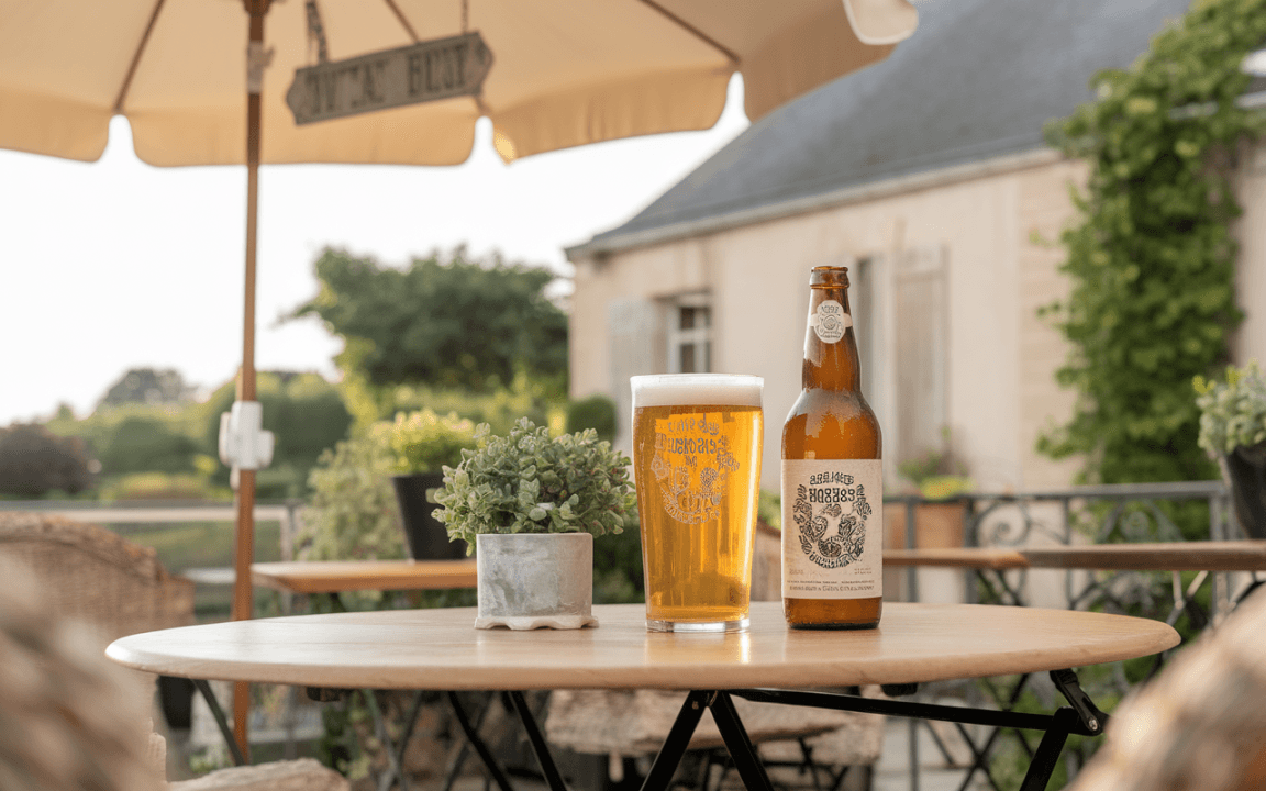 Bière blonde servie dans un verre, bouteilles en arrière-plan, plante verte sur une table en bois, ambiance extérieure.