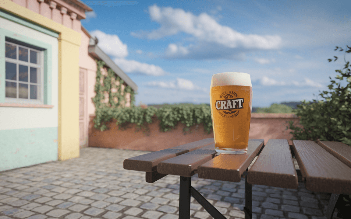 Un verre de bière artisanale sur une table en bois, décor pittoresque avec des maisons colorées en arrière-plan et un ciel bleu.