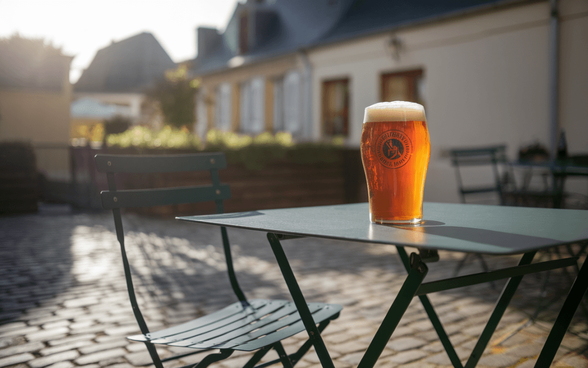 Une pinte de bière dorée sur une table verte, avec des chaises en métal, dans une ambiance ensoleillée et calme.