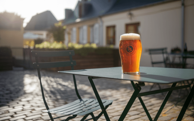 Une pinte de bière dorée sur une table verte, avec des chaises en métal, dans une ambiance ensoleillée et calme.