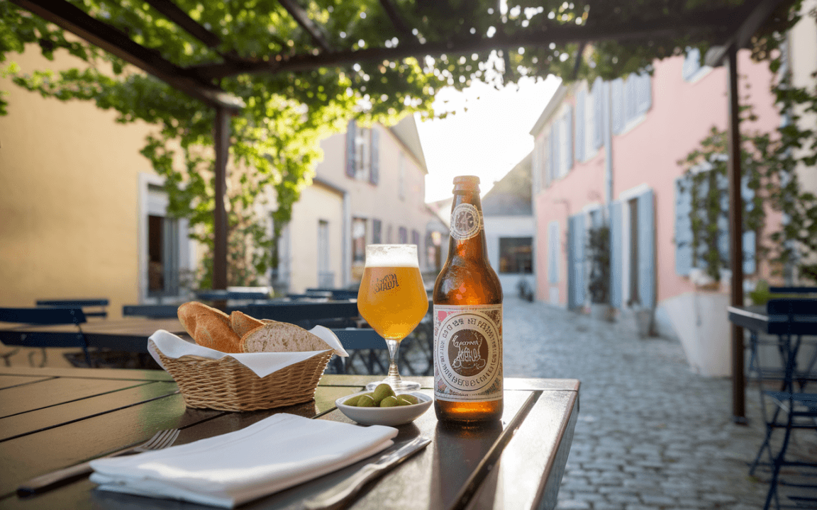 Une table en terrasse avec une bière, du pain, des olives et un environnement pittoresque. Lumière douce, bâtiments colorés.