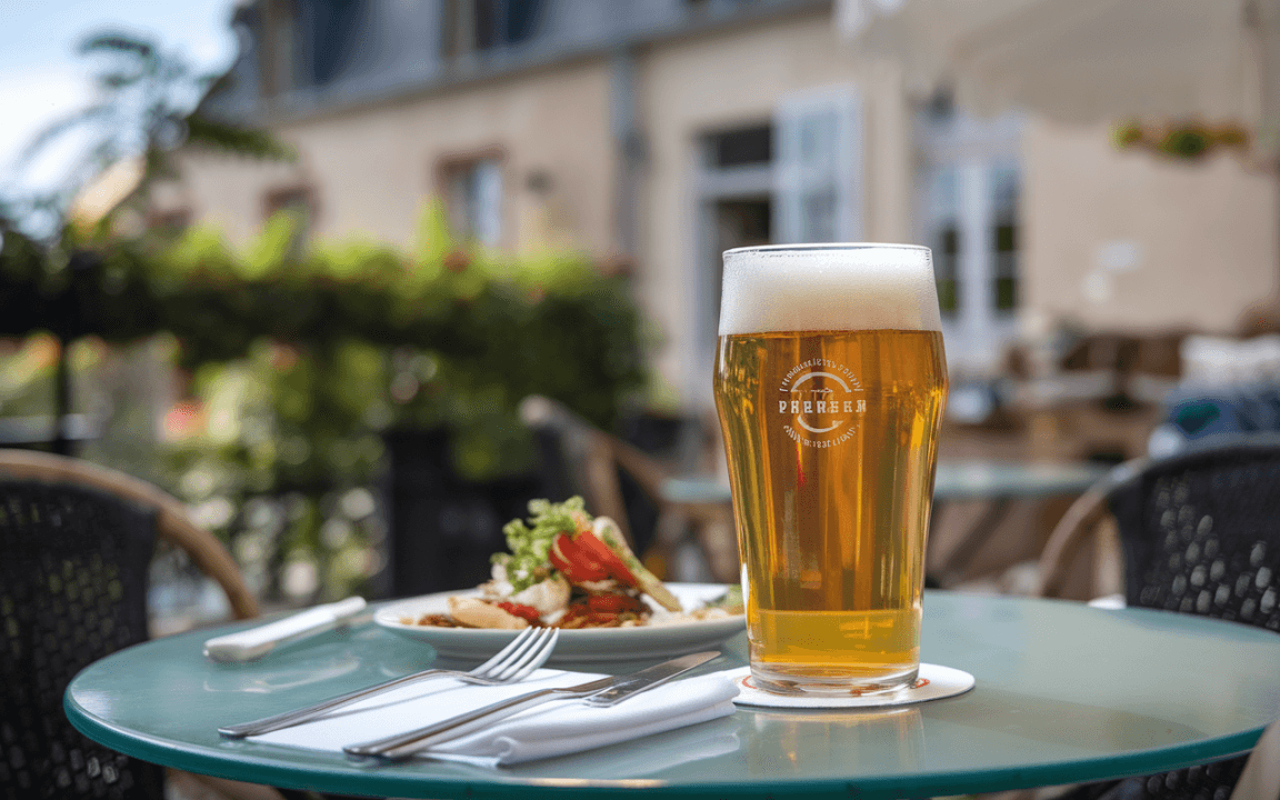 Un verre de bière blonde mousseuse sur une table, accompagné d'une assiette garnie, dans un cadre ensoleillé.